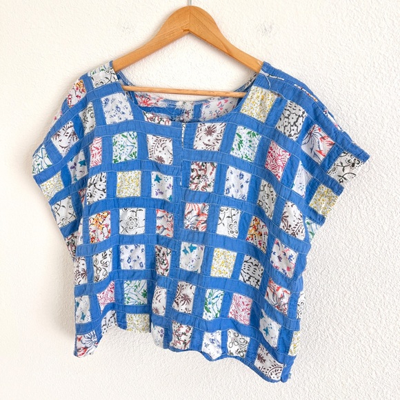 VINTAGE blue quilt topper cropped handmade top / fits up to L - Picture 5 of 5